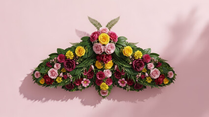 Aerial view of a floral butterfly arrangement on a soft pink background, image (33).jpg
