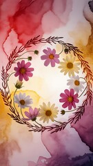 A circular arrangement of delicate colorful flowers and green leafy branches on an artistic watercolor background