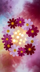 A circular arrangement of colorful cosmos flowers with bokeh lights in the background