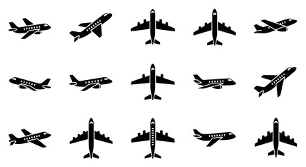 Vector collection of black airplane silhouettes and jet icons. Various flight positions including takeoff, landing, top view, and side view. Perfect for travel, aviation, and transport design