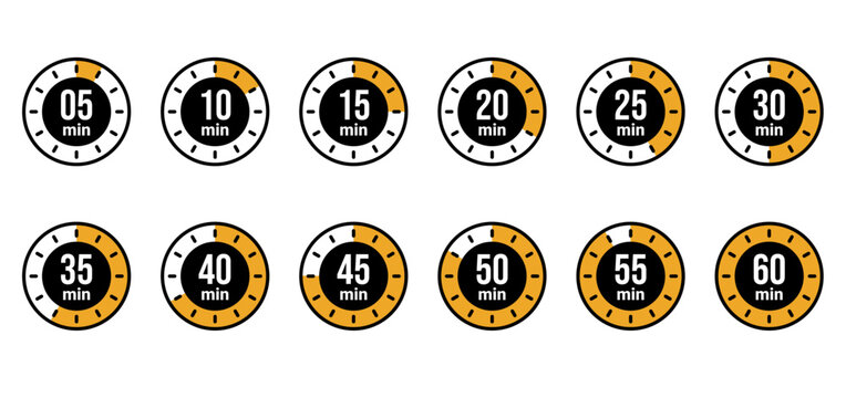 A collection of timer icons displaying time intervals from 5 minutes to 60 minutes, with yellow accents highlighting the time progression. These icons are ideal for use in productivity apps, time mana