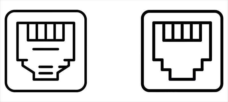 Simple black and white line art icons depicting two different ethernet network port designs vector illustration.
