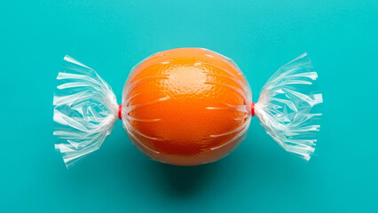 A wrapped orange candy centered on a teal background viewed from directly above as seen in image (43).jpg