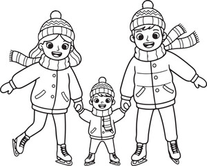 A happy family of three, including mom, dad, and child, joyfully ice skating together