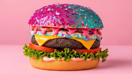 A colorful burger with sprinkles on a pink bun, showcasing cheese, lettuce, and tomato, presented on a pastel pink background, captured from a front viewpoint, similar to image (46).jpg