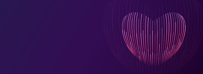 Fototapeta na wymiar Line 3d heart isolated on purple banner vector background. AI in love technology valentine's concept.