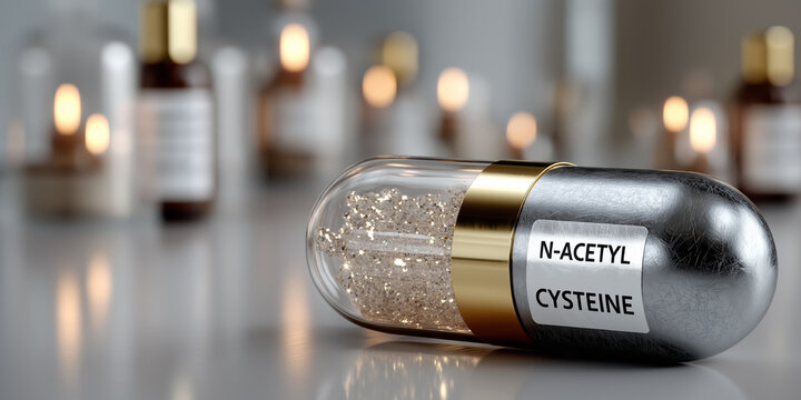 Close-up of a capsule containing N-Acetyl Cysteine with lit candles blurred in the background, presenting a health-oriented scene focused on wellness and supplements in a calm setting