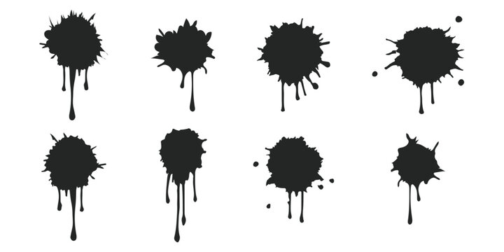 Black paint blots collection of vector icons. Cartoon paint splatters and ink splashes. Grunge splatters Abstract ink splash text banners. Blotter spots, liquid paint drip drop splash and Ink drops