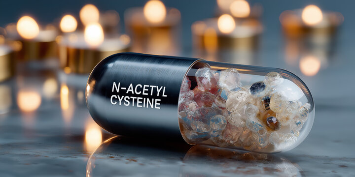 N-acetyl cysteine capsule on a surface with candles lit in the background during the evening
