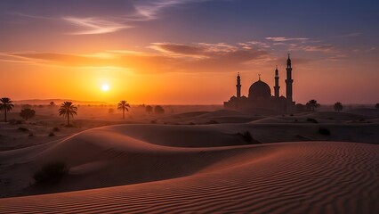 Obraz premium Majestic mosque silhouette against a fiery desert sunset, with rippling sand dunes and palm trees