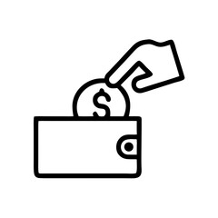 Linear icon of hand putting dollar coin in wallet on white background isolated. Great for fintech blogs and banking apps covering savings, deposits, and personal finance topics.
