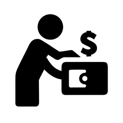 Payment icon with wallet and dollar sign. Minimalist silhouette style for fintech blogs, banking websites, and apps about personal finance, savings, or digital transactions.