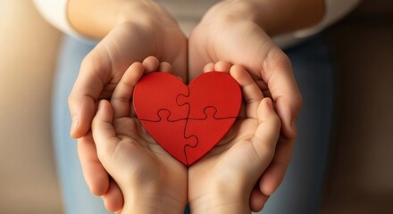Obraz premium Two Sets of Hands Cupping a Red Heart Puzzle, Symbolizing Love, Connection, Care, and Unity for Alzheimer’s Disease & Dementia Care Staff Education Week