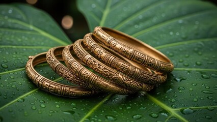 Golden bangles with intricate designs on wet green leaves