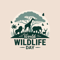 Minimalist world wildlife day badge with green silhouettes of african animals and plants