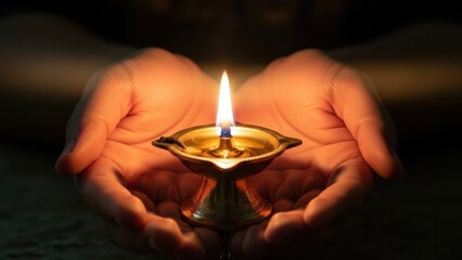Hands holding traditional diya lamp with lit candle
