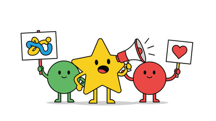 star and friends holding signs and megaphone, expressing emotions and ideas together, illustration, flat design, vibrant colors