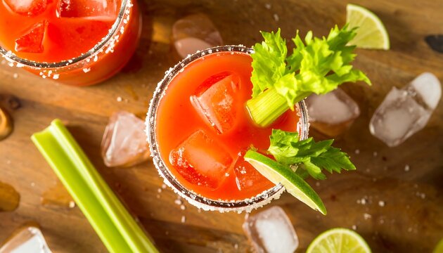 Overhead view of Canadian Caesar cocktail with clamato juice celery and lime garnish