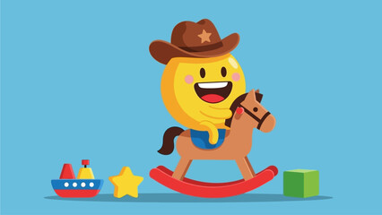 Obraz premium A smiling emoticon wearing a cowboy hat rides a wooden rocking horse surrounded by toys and stars