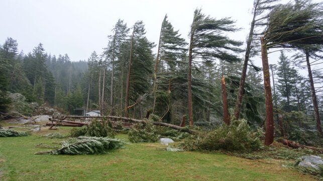 Heavy Windstorm Causes Extensive Damage to Trees and Landscape in a Forested Area Under Overcast Skies with Fallen Branches and Debris