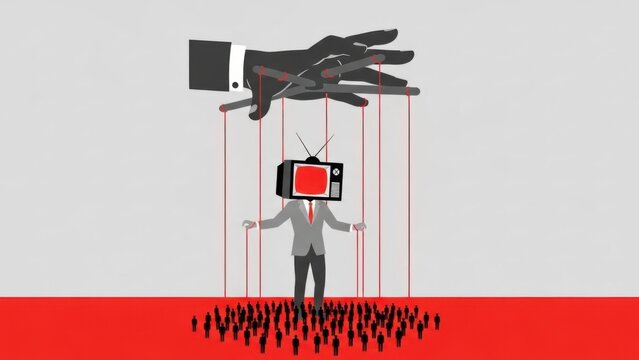 Businessman controlled by media manipulation with TV for a head