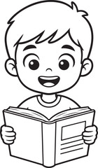 Happy cartoon boy reading a book with a joyful expression, perfect for children's educational content