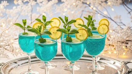 Refreshing blue cocktails with lemon and mint on silver tray