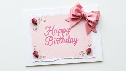 Beautiful pink Happy Birthday card with elegant bow and flowers