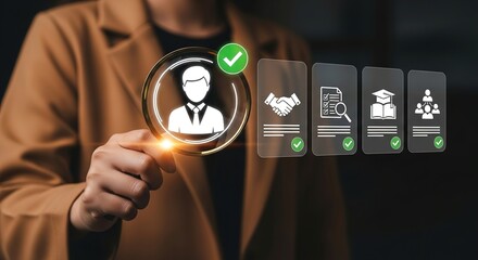 Digital representation of talent acquisition and employee evaluation processes with various business icons.