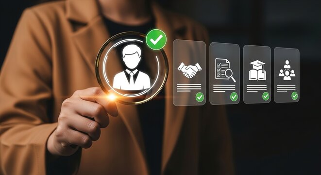 Digital representation of talent acquisition and employee evaluation processes with various business icons.