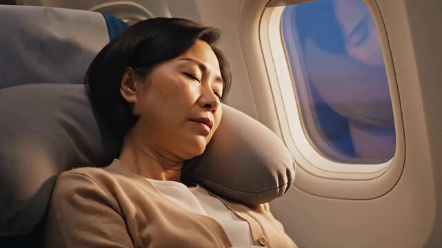 Asian woman sleeping on an airplane with a neck pillow during a flight. Female passenger resting comfortably in a window seat at sunset. Travel and jet lag concept