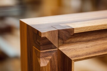 Detail of a wooden joint showing craftsmanship in furniture making at a workshop during daylight hours