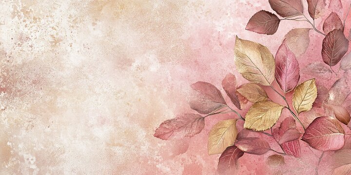 A branch with watercolor-style autumn leaves in shades of pink, brown, and beige, set against a soft, textured background