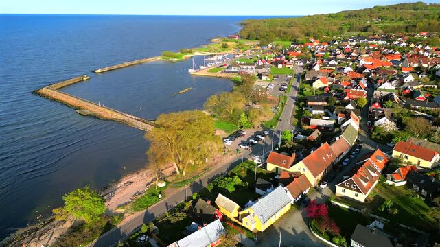 Aerial of Kivik town during sunset Osterlen region Sweden