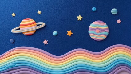 Vibrant colorful planets and stars in a whimsical rainbow landscape