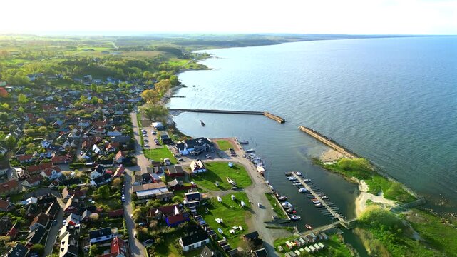 Aerial view of Kivik town during sunset Osterlen region Sweden