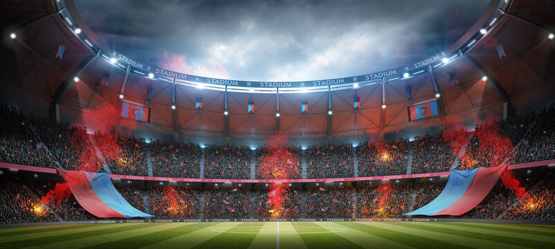 Football stadium at night with cheerful atmosphere. An imaginary soccer stadium is modelled and rendered.