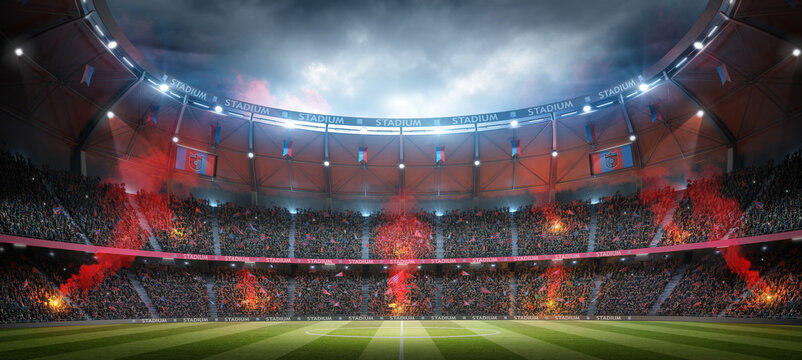 Football stadium at night with cheerful atmosphere. An imaginary soccer stadium is modelled and rendered.
