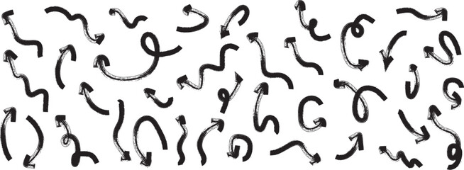 Curved and wavy brush strokes with scratches arrows, bold brush drawn curved arrows.