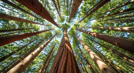 Looking up through a dense forest of towering redwood trees towards the bright sky and green canopy.