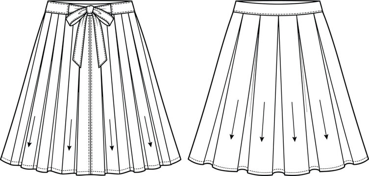 Women's pleated midi skirt technical flat sketch, front and back view, bow waistband fashion illustration for apparel pattern design