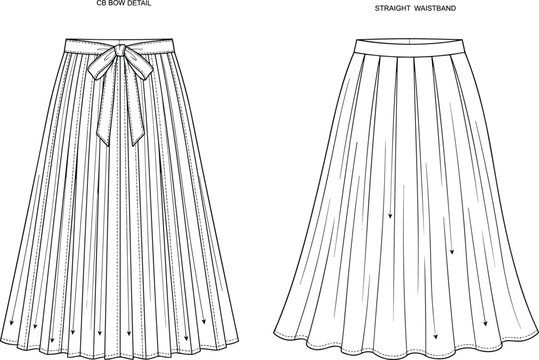 Women's pleated maxi skirt technical flat sketch, bow waistband and straight waistband views, fashion illustration for apparel pattern design