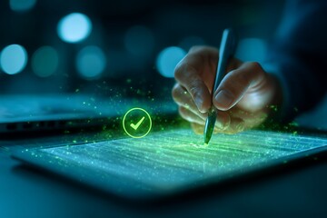 Digital recruitment process with HR manager selecting candidate using tablet in office environment, representing human resource technology and online hiring system in modern business workflow