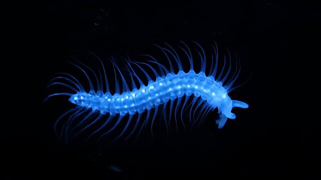 A vibrant blue bioluminescent marine worm with numerous bristles, glowing brightly against a dark, deep-sea background.