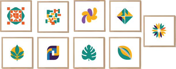 Fototapeta premium Abstract geometric and floral wall art illustration set featuring colorful framed modern designs, decorative artwork collection for home interior decor, gallery walls, branding visuals, and 