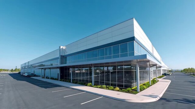 Modern commercial office building with glass facade and clean parking area under clear blue sky showcasing contemporary corporate architecture
