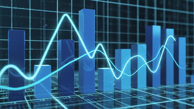 Abstract blue bar graph with rising curve on grid background illustration