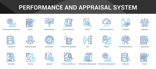 Naklejka premium Performance And Appraisal System Cohesive set of minimalist vector icons representing key ideas with visual clarity