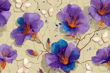 Elegant, decorative pattern of abstract purple flowers with orange outlines, blue accents, and white butterflies on a textured muted yellow-green background