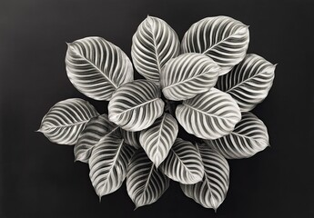 Obraz premium A black and white artistic composition of long, slender leaves arranged in a flowing, layered pattern against a dark background